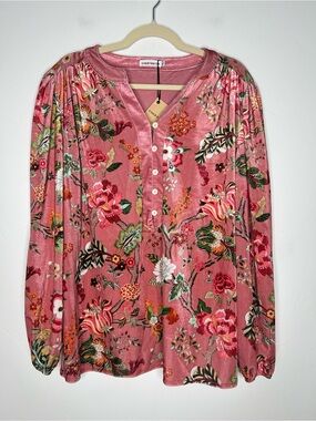NWT Cherry Betty Pink Floral Velvet Blouse Silk Blend Size Large Office Boho